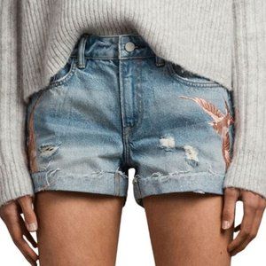 ALLSAINTS Birds Embroidered Denim Shorts, Size 26